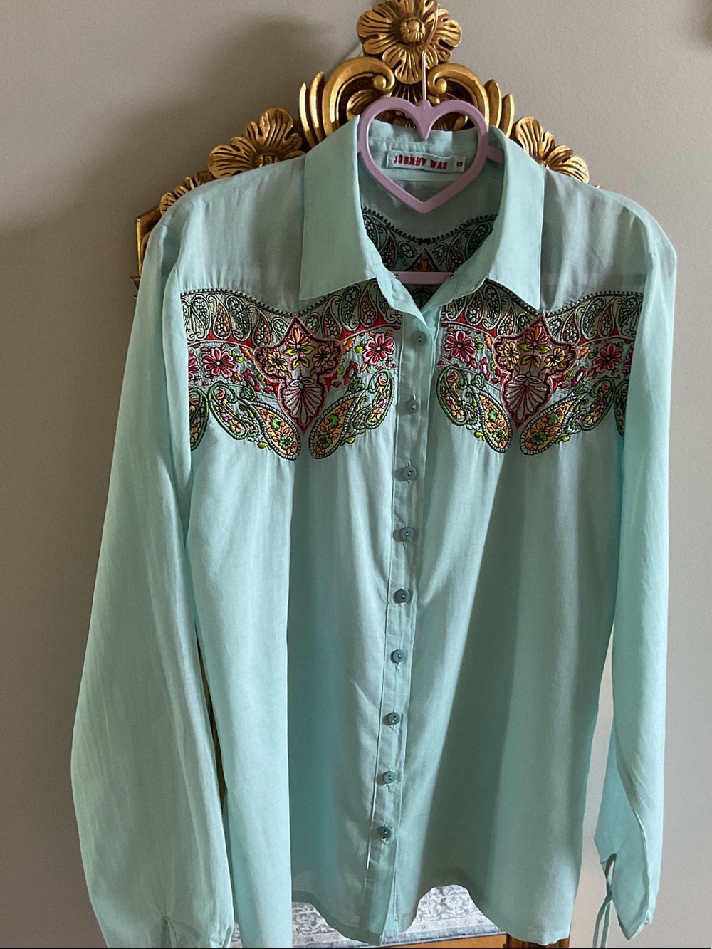 JOHNNY WAS Cotton Light Aqua Button-Up Tunic Blouse with Silk Embroidered Yoke S